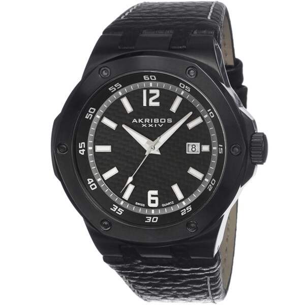 Akribos XXIV Men's Swiss Quartz Date Etched Dial Black Genuine Leather Strap Watch