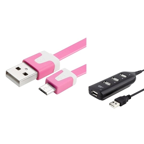 Insten 3-foot Pink Charging Data Transfer Micro USB M/ M Noodle Cable Cord with 4-port Black USB Hub Extension