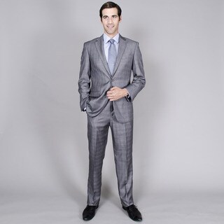 Men's Grey Windowpane Two-Button Suit with Two Front Pockets-Image