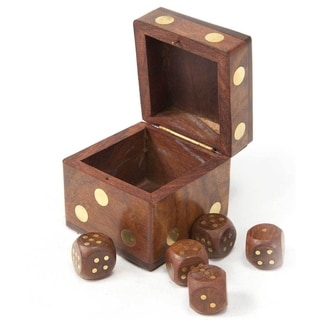 Hot Deal Hand Carved Wood Dice Box with Five Dice (India)