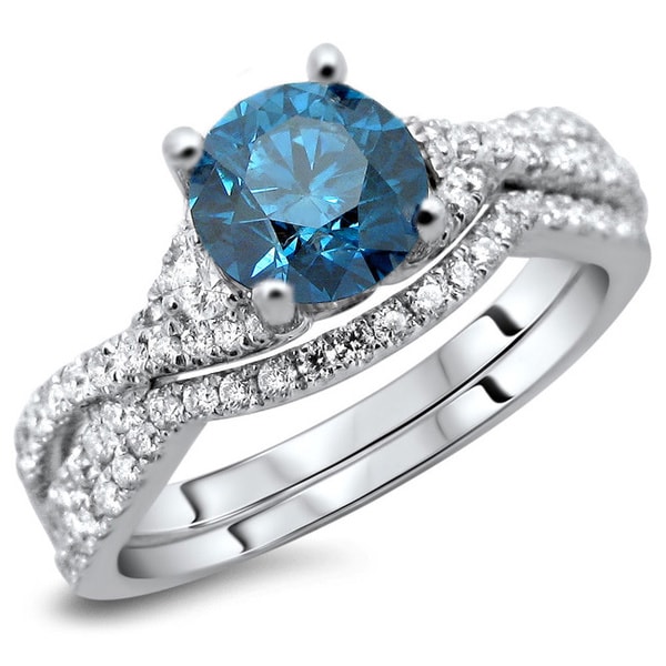 18K White Gold 1 1/2ct TDW Certified Blue Diamond 2piece Bridal Set 