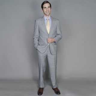 Men's Grey Windowpane Two-Button Suit with Four Interior Pockets-Image