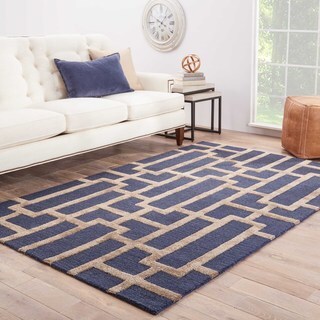 See Reviews Hand-Made Geometric Pattern Blue/ Tan Wool/ Art Silk Rug (9.6x13.6)
