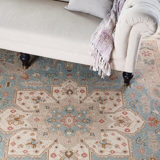 @@@ >  Hand-Made Oriental Pattern Blue/ Ivory Wool Rug (8x10)