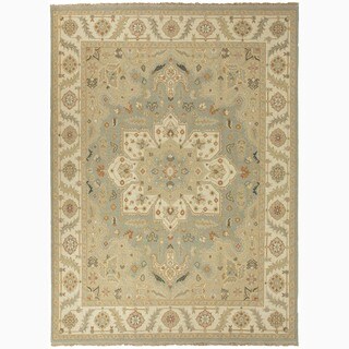 (>_<)  Hand-Made Oriental Pattern Blue/ Ivory Wool Rug (10x14)