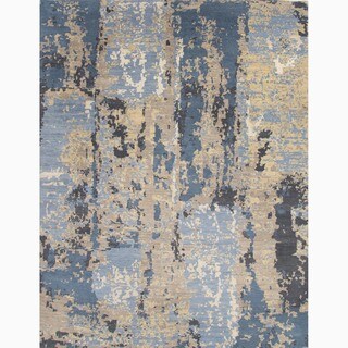 (>_<)  Handmade Abstract Pattern Blue/ Tan Wool Rug (10 x 14)