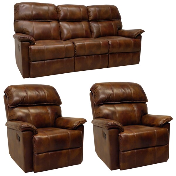 Palma Caramel Brown Italian Leather Reclining Sofa and Two Recliners