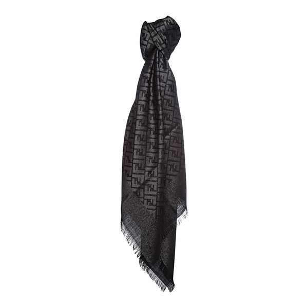 Fendi Jacquard Zucca Wool Blend Black/Silver Shawl Fendi Designer Scarves & Wraps