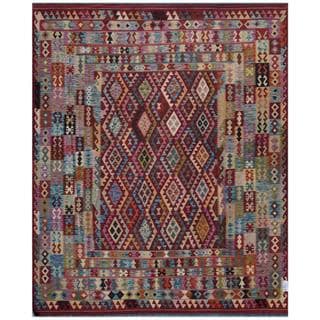 Hot Deal Afghan Hand-woven Kilim Maroon/ Lavender Wool Rug (7'10 x 9'7)