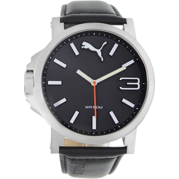 Puma Men's Ultrasize Black Leather Strap Black Dial Analog Quartz Watch 