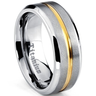 Oliveti Men's Brushed Titanium Beveled Edge and Grooved Gold Plated Center Comfort Fit Band (8mm)-Image