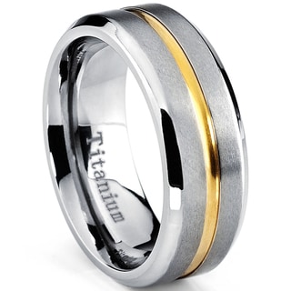 Oliveti Men's Brushed Titanium Beveled Edge and Grooved Gold Plated Center Comfort Fit Band (8mm)