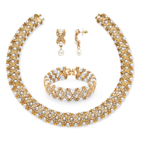 PalmBeach Simulated Pearl and Crystal Three-Piece Jewelry Set in Yellow Gold Tone Bold Fashion