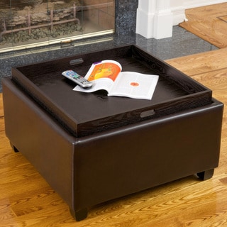Low Price Nathan Chocolate Leather Tray Top Ottoman