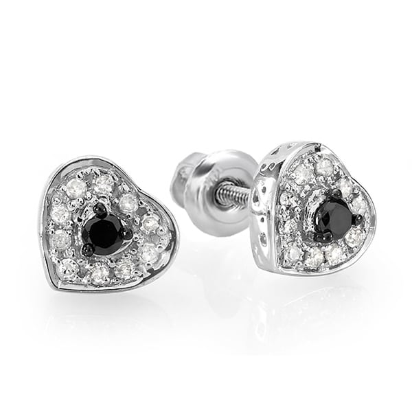 Sterling Silver 1/4ct TDW Black and White Diamond Heart Shaped Stud Earrings Overstock