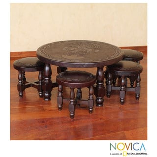 Set for 4 Cedar and Leather 'Inca Legend' Table and Stools (Peru)