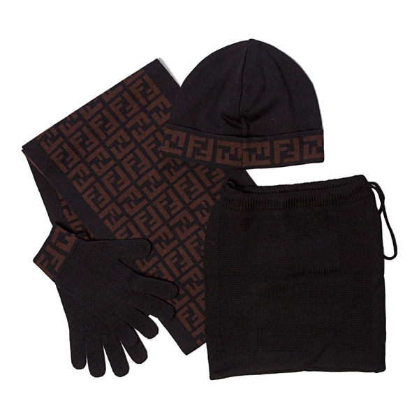 Fendi Black Zucca Print Hat, Gloves and Scarf Set Fendi Designer Scarves & Wraps
