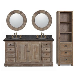 See Reviews 60-inch Marble Top Double Sink Rustic Bathroom Vanity with Matching Daul Wall Mirrors and Linen Tower
