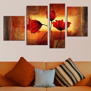 --->  Modern Red Flowers Hand-painted Oil on Canvas 4-piece Painting