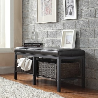(>_<)  TRIBECCA HOME Myra II Black Brown Faux Leather Upholstered Modern Rustic Bench
