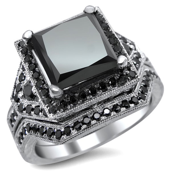 ... 4ct Certified Black Princess-cut Diamond Engagement Ring Bridal Set