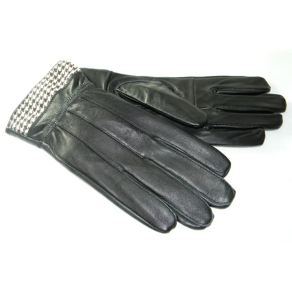 Hollywood Tag Women's Black Leather Houndstooth Cuff Gloves