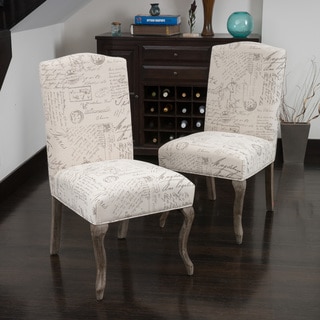 (>_<)  Christopher Knight Home Crown Top French Script Beige Fabric Dining Chair (Set of 2)