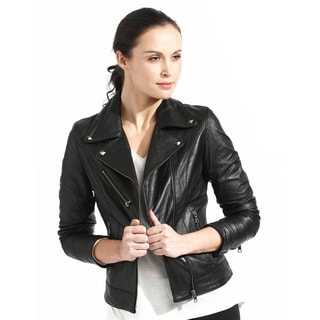 Women's Slim Fit Black Full-grain Leather Biker Jacket-Image