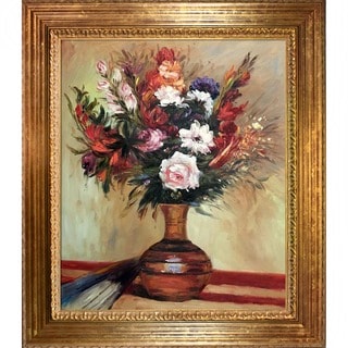 (_ _ ) Pierre Auguste Renoir 'Rose in a Vase' Hand-painted Framed Canvas Art