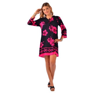 Women's Black/ Pink Hibiscus Tunic Cover-up (Indonesia)