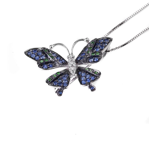 14k White Gold Sapphire; Tsavorite and Diamond Butterfly Necklace