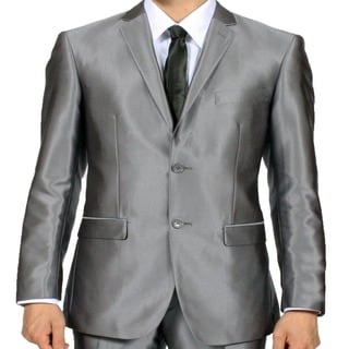 Ferrecci Mens Slim Fit Grey Charcoal Shiny Sharkskin Suit-Image