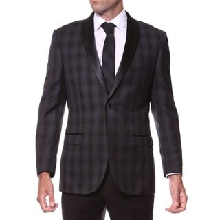 Zonettie Men's Slim Fit Charcoal Plaid Shawl Collar Tuxedo Blazer-Image