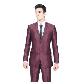 Ferrecci Mens Slim Fit Shiny Burgundy Sharkskin Suit-Image