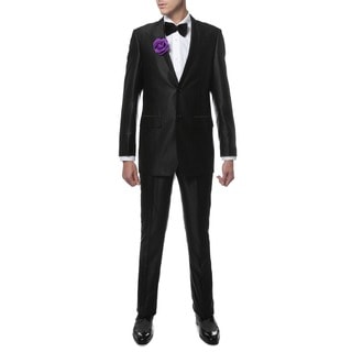 Ferrecci Mens Slim Fit Shiny Black Sharkskin Suit-Image