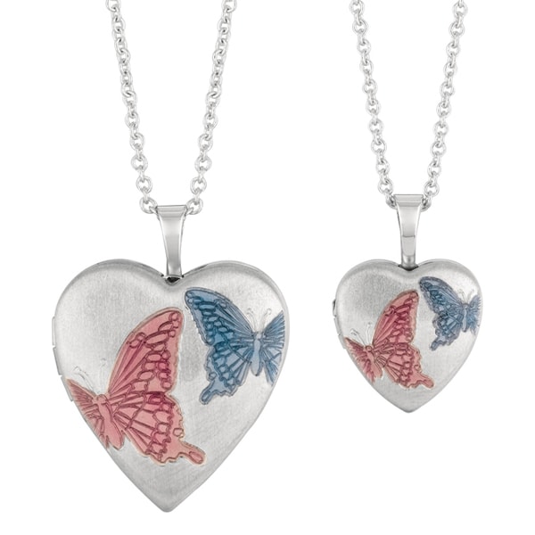 Fine Silver Plated Mommy and Me Enamel Butterfly Heart Locket Necklace