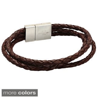 Stainless Steel Woven Black or Brown Leather Bracelet