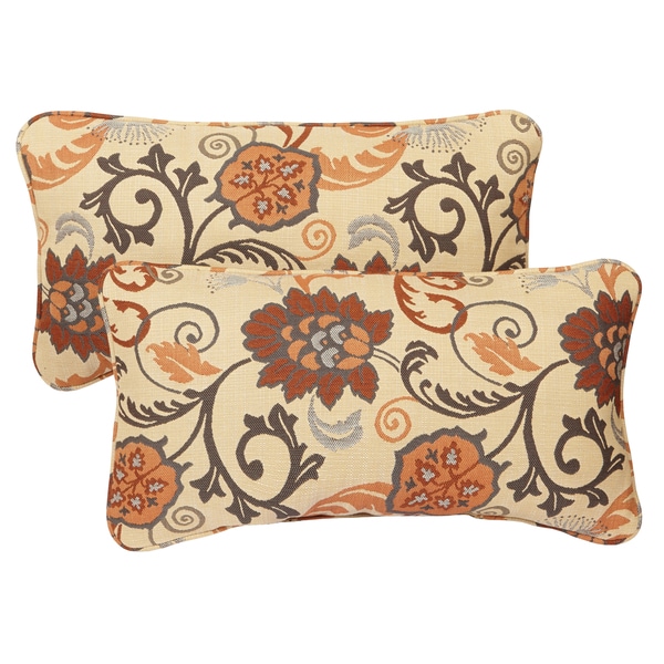 Beige Floral Corded Indoor/ Outdoor Lumbar Pillows with Sunbrella