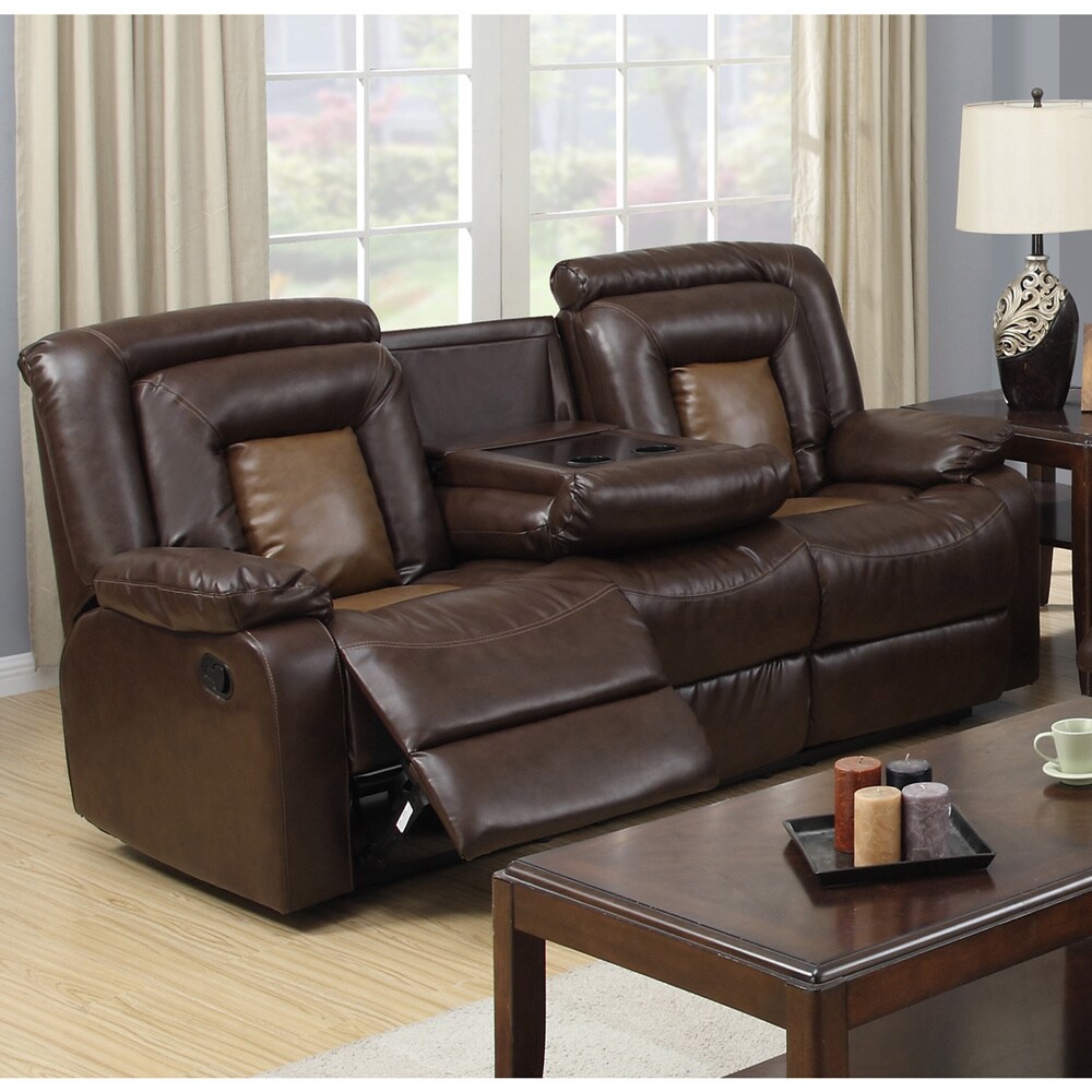 Gapson Brown Bonded Leather Dropdown Table Reclining Sofa Overstock