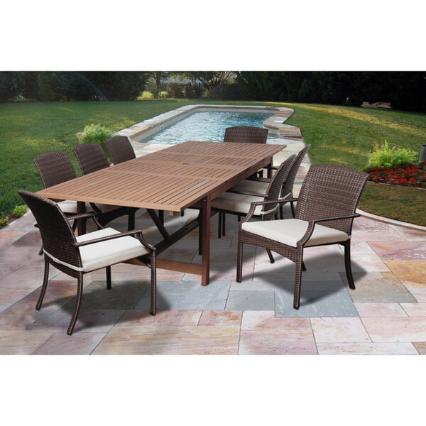 Amazonia Iris 9-piece Eucalyptus and Wicker Double Extendable Rectangular Dining Set with Off-white Cushions