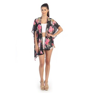 Women's Black Floral Short Sleeve Kimono-Image