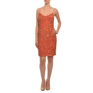 Theia Women's Coral and Gold Allover Sequins Fitted Evening Dress-Image