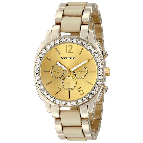 Vernier Women's Stone Bezel Goldtone Bone Resin Watch
