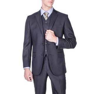 Men's Modern Fit Black Textured 2-button Vested Suit-Image