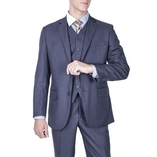 Men's Modern Fit Navy Blue Textured 2-button Vested Suit-Image