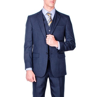 Men's Navy Blue Stripe 2-button Vested Modern-fit Suit-Image