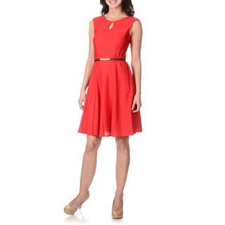 London Times Women's Red Fit and Flare Textured Dress-Image