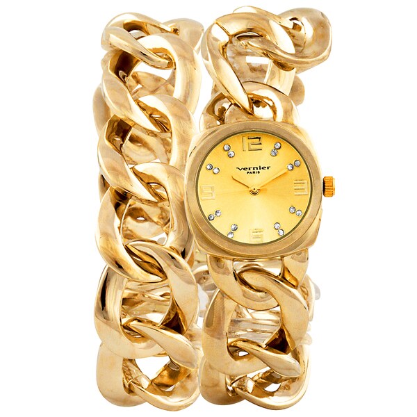 Vernier Paris Women's Goldtone Crystal Dial Chain Link Double Wrap Watch