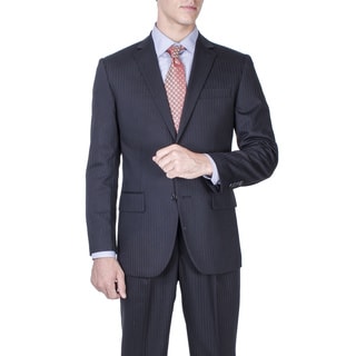 Men's Modern Fit Black Tonal Striped Wool 2-button Suit-Image