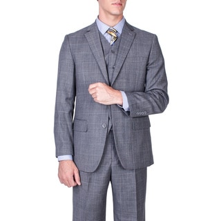 Men's Modern Fit Grey Windowpane Vested Wool Suit-Image